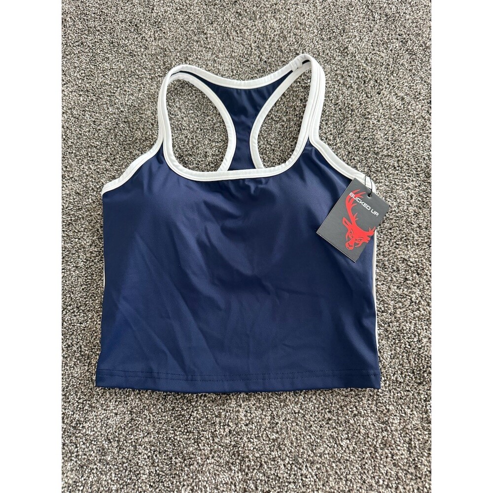 BUCKED UP Tank Top Womens Size L Navy Silver Contrast Racerback Workout